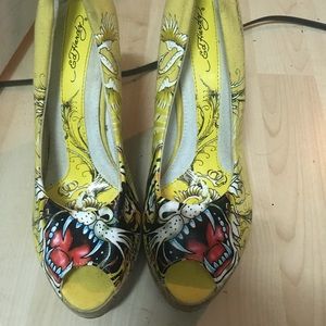 Ed Hardy yellow wedge tiger heels